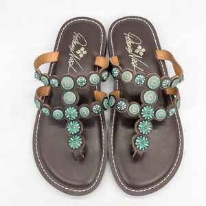 Patricia Nash Womens 6M Fiorella Sandals Shoe Brown Turquoise Thong T Strap Flat
